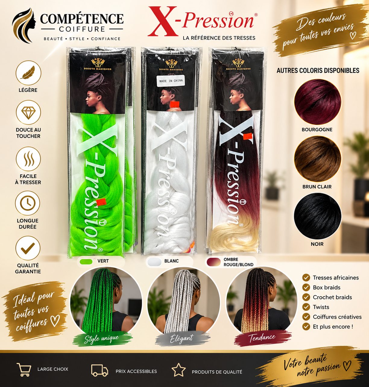 Mèches X-pression, plusieurs couleurs